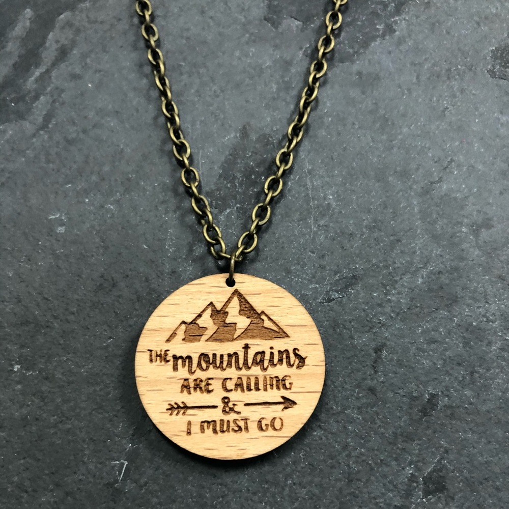 Wooden Mountains Pendant on 10” chain.